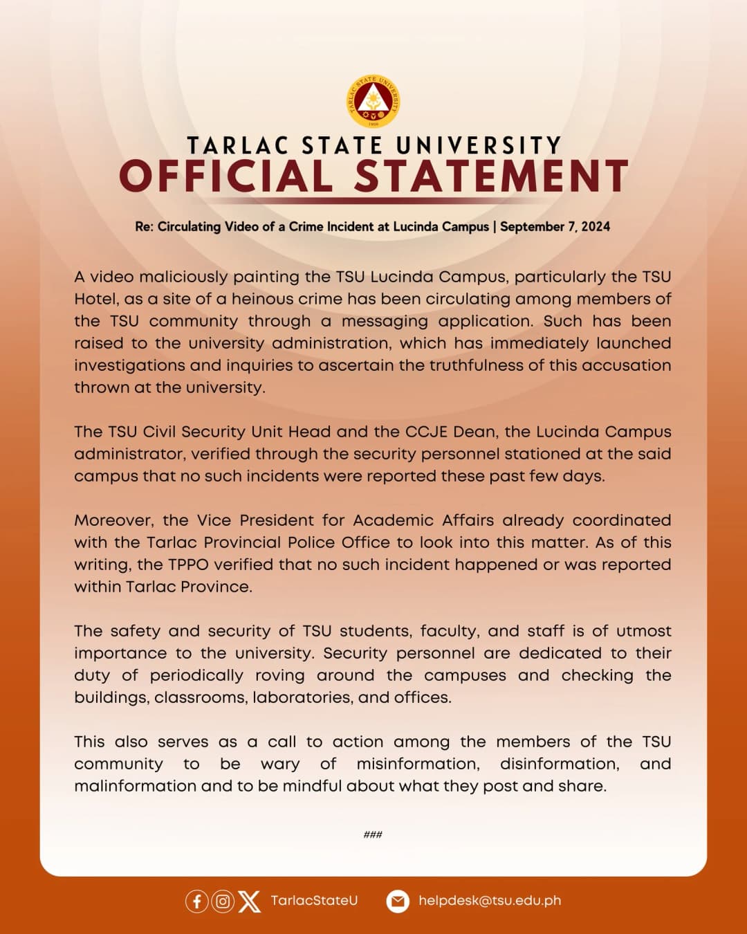 Image for OFFICIAL STATEMENT Re: Circulating Video of a Crime Incident at Lucinda Campus